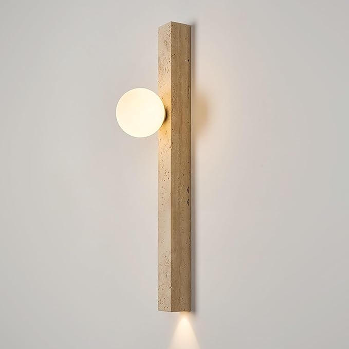 Rectangle Yellow Travertine Wall Lamp, 23.6" H Long Linear Stone Wall Sconce with Glass Lampshade, Japanese Style Wabi-Sabi Art Decor Lighting Fixture for Bedroom Living Room Dining Room