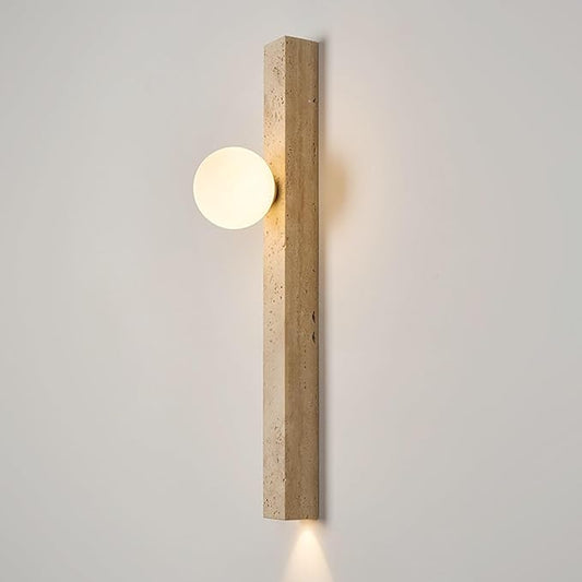 Rectangle Yellow Travertine Wall Lamp, 23.6" H Long Linear Stone Wall Sconce with Glass Lampshade, Japanese Style Wabi-Sabi Art Decor Lighting Fixture for Bedroom Living Room Dining Room