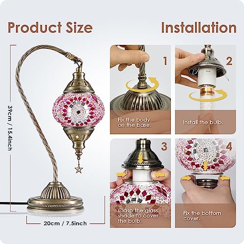 Turkish Moroccan Lamp with Bronze Base 3 Color Options Handmade Swan Neck Mosaic Glass Bedside Lamps for Bedroom