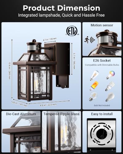 Distance Time Adjustable Bronze Porch Light Outdoor with GFCI Outlet (Oil-Rubbed Bronze / Motion Sensor 2-Pack)