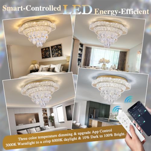 18" Gold Crystal Flush Mount Chandelier Modern LED Ceiling Light Fixture