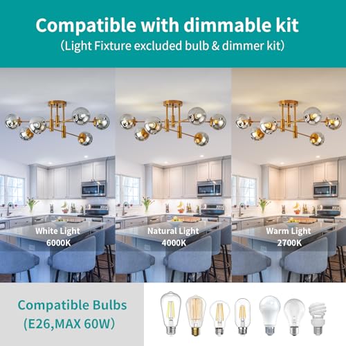 6 Lights Gold Sputnik Ceiling Light Fixture Modern Globe Glass Chandelier