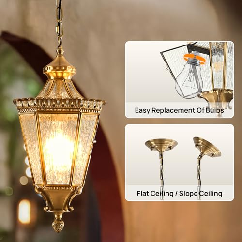 Copper Outdoor Pendant Light 19.3" H Brass Exterior Hanging Light Fixtures Waterproof Anti