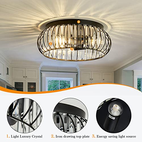3 Light Flush Mount Ceiling Light Fixtures Modern Crystal Chandelier Black E26 Indoor Lighting for Hallway Bedroom Bathroom Foyer Living Room Dining Room Kitchen