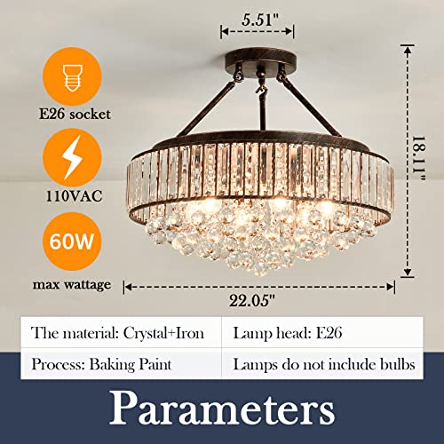 6 Light Modern Crystal Oil Rubbed Bronze Metal Semi Flush Mount Ceiling Light Fixture E26 Indoor Round Ceiling Lamp for Dining