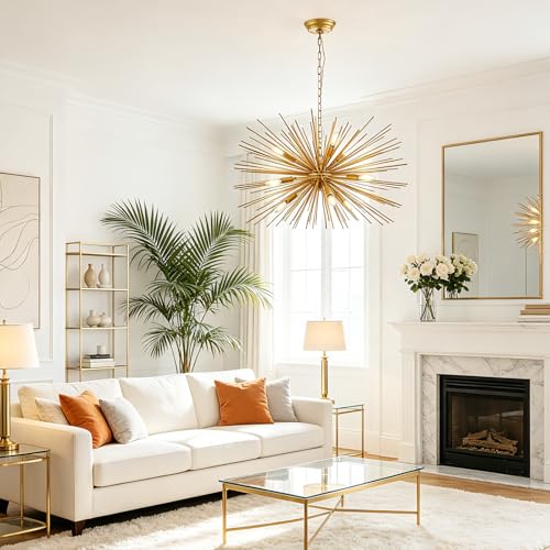 29in 9 Lights Gold Sputnik Chandelier Mid Century Modern Starburst