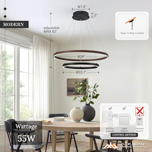 2 Ring LED Chandelier Black Walnut Wood Chandelier for Dining Room Dimmable