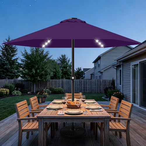 Patio Umbrella 9FT Solar Lights Push Up Outdoor Market Umbrella Dark Purple