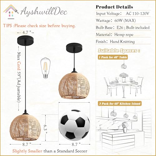 3 Pack Wicker Pendant Light Natural Woven Pendant Light Boho Chandelier Light Fixture Dome Rustic Farmhouse Pendant Lights Rattan Light Fixture for Dining Room Kitchen Island (3 Count)