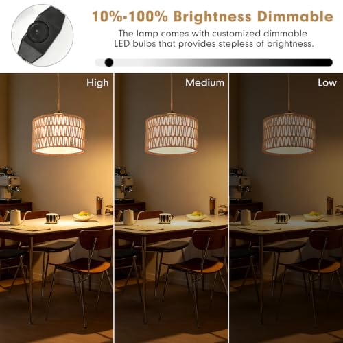 Rattan Plug in Pendant Boho Hanging Lamp with Dimmer Switch Woven Light Fixture Small Chandelier Ceiling Light with Plug in Cord for Bedroom Living Room Kitchen Island