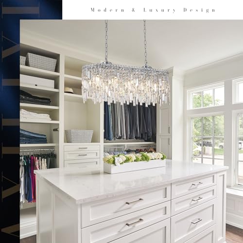 Rectangular Crystal Chandelier for Dining Room Modern Chrome Chandelier Linear Rectangle Pendant Light Fixtures for Kitchen Island L33” K9 Luxury Long Chandelier for Living Room