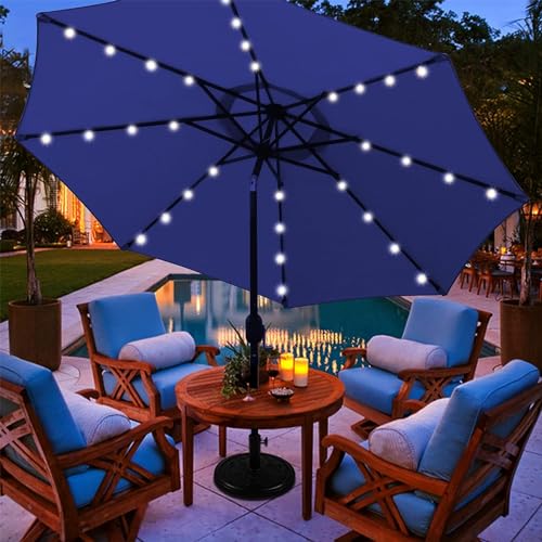 9 ft Solar Umbrella 32 LED Lighted Patio Umbrella Table Market Umbrella with Tilt and Crank Outdoor Umbrella for Garden