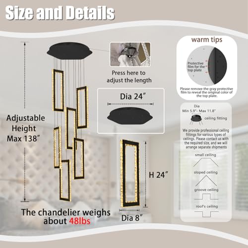 Modern Chandelier 6 Rings Black Chandeliers Lighting Fixture High Ceiling Chandelier Suitable for Living Room Staircase Villa