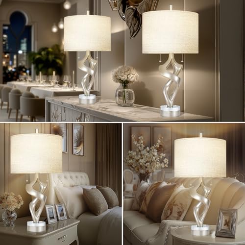Silver Leaf 26” Tall Table Lamp Set of 2 for Bedroom Living Room (2 Count)