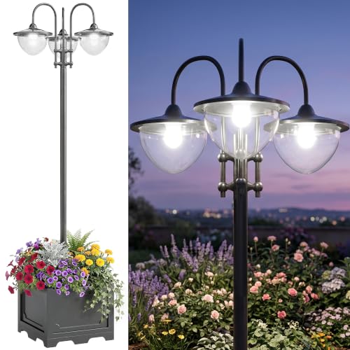 74.5" 3 Head Solar Lamp Post Light Outdoor with Planter