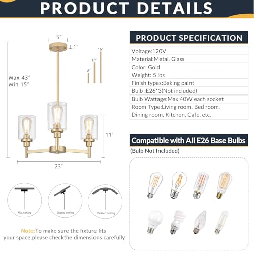 3 Light Gold Chandelier 23"