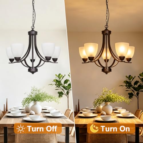5 Light Shaded Contemporary Chandeliers with Alabaster Glass Oil Rubbed Bronze Modern Light Fixtures Ceiling Hanging Rustic Pendant Lighting for Dining Room Foyer Bedroom Living Room