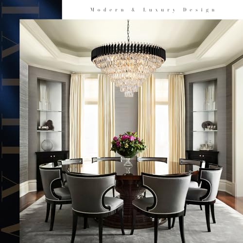 Modern Black and Gold Crystal Chandelier 35" Large Light for High Ceiling