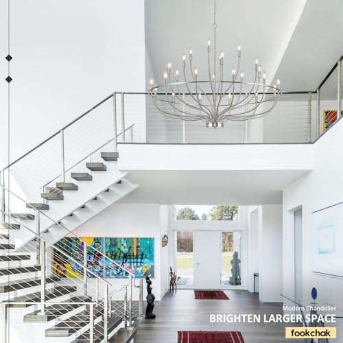 24 Light Brushed Nickel Chandelier 51'' Large Candle Chandeliers for High Ceiling Foyer Modern Classic Chandelier Light Fixture for Large Living Room Dining Room Stairs Entry Restaurant Hotel