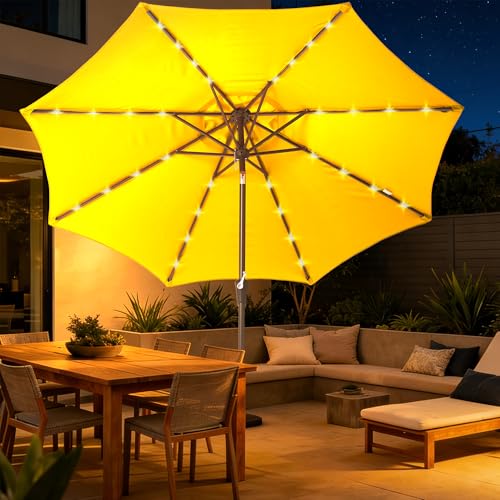 9 ft Patio Umbrella Outdoor Umbrella Patio with sloar lights yellow