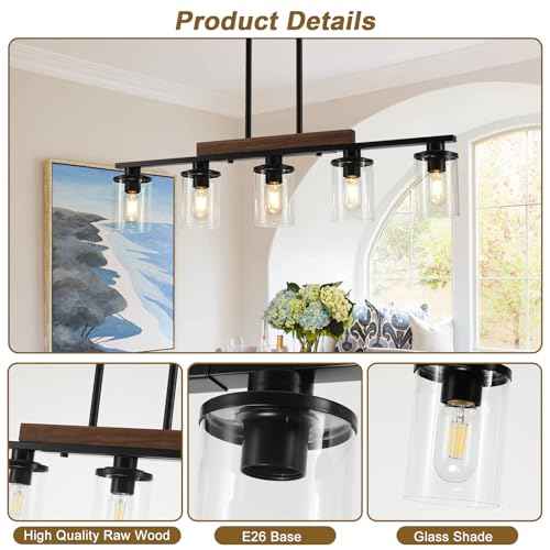 36.2‘’ Kitchen Lighting, 5-Light Dining Room Light Fixture Chandelier Over Table, Black Modern Rustic Wood Ceiling Pendant Light Fixtures, with Clear Glass Shade, Farmhouse Chandelier