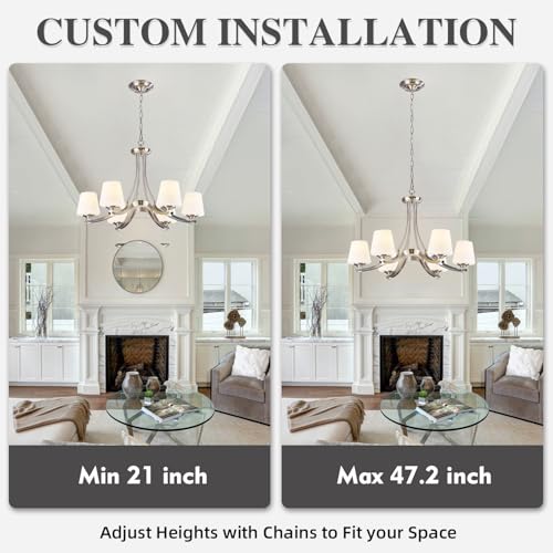 6 Light Brushed Nickel Chandeliers for Dining Room with Frosted Glass 47.2" Adjustable Silver Pendant Ceiling Lighting Rustic Vintage Hanging Lamp for Farmhouse Kitchen Island Dining Table Living Room