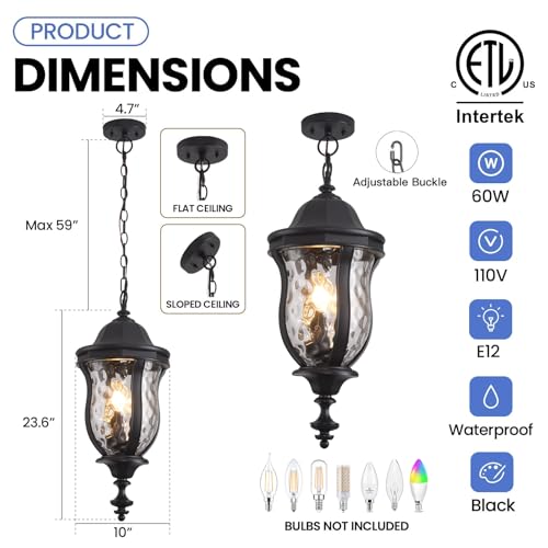 Large Outdoor Pendant Light 23.6'' Black Hanging Lantern Porch Light (3 Count)