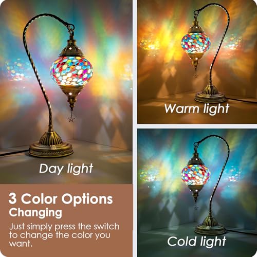 Turkish Moroccan Lamp with Bronze Base 3 Color Options Handmade Swan Neck Mosaic Glass Bedside Lamps for Bedroom