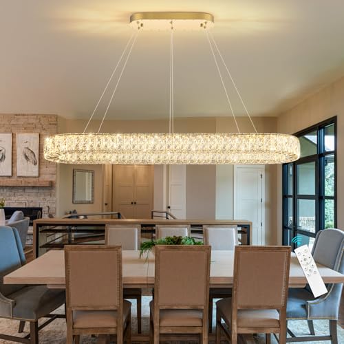 Modern Oval Chandelier Rectangular K9 Crystal Chandeliers for Dining Room Dimmable LED Light Fixture with Remote for Living Room Kitchen Light Gold
