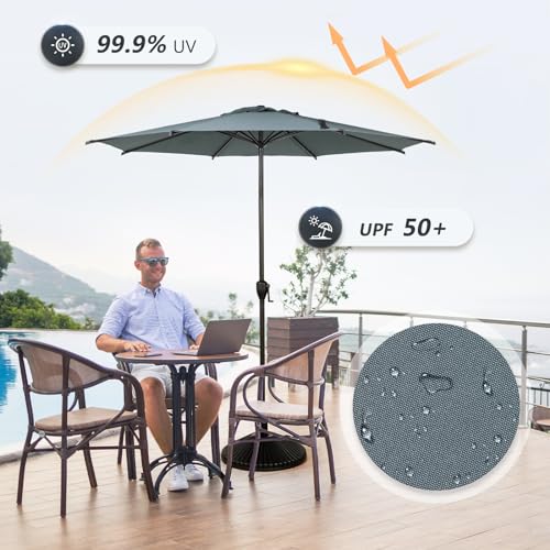 9FT Lyon Outdoor Patio Umbrella Outdoor Table Umbrella with Push Button Tilt and Crank Market Umbrella 8 Sturdy Ribs UV Protection Waterproof for Garden Deck Backyard Pool Grey