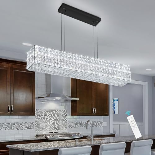 Glam Crystal Chandelier Modern Dimmable Crystal Chandeliers LED Rectangular Ceiling Light Fixtures for Dining Room Living Black