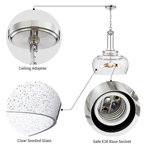 Chandelier Rustic Farmhouse Industrial Round Ceiling Pendant LED Light Fixture Clear Seeded Glass Shade for Dining Room Kitchen Island Foyer Entryway