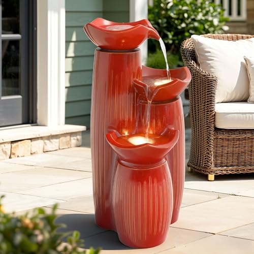 30" Ceramic Outdoor Water Fountain with LED Lights