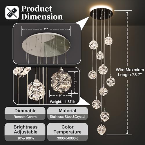10 Light High Ceilings Long Chandeliers Modern Crystal Staircase Chandelier Hanging Flush Mount Lighting Fixtures for Spiral Staircase (127 Count)