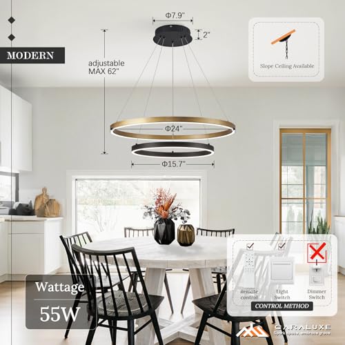 2 Ring LED Chandelier Black Gold Chandeliers for Dining Room Dimmable