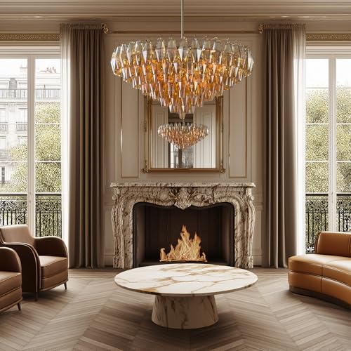 37 Inch Gold Amber Crystal Chandelier with 12 E12 Lights