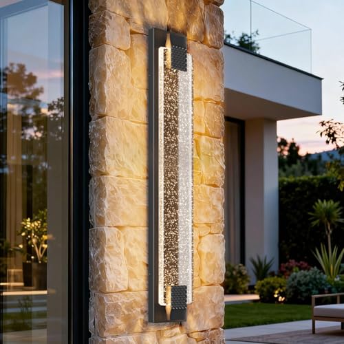 31.5in Modern LED Outdoor Wall Sconces Crystal Bubble Glass Black Exterior Lights
