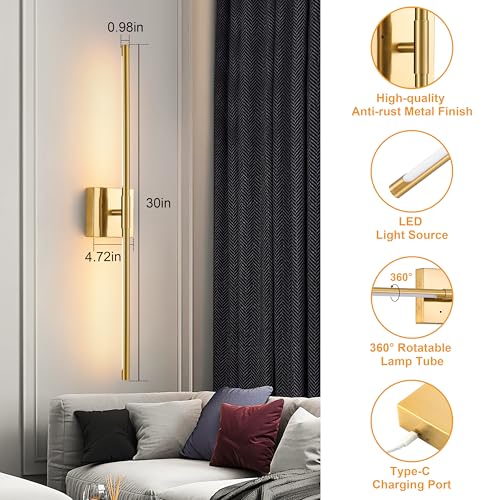 30 Inch Gold Rechargeable Wall Sconces Set of 2 Battery Operated (2 Count)