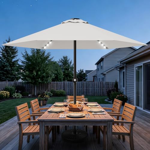 Patio Umbrella 9FT Solar Lights Push Up Outdoor Market Umbrella Light Grey