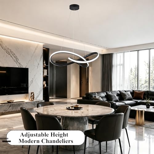 30" Black Modern LED Chandelier Large Irregular Ring Pendant Lighting Adjustable Hanging Light Fixture Modern Dimmable Remote Control Pendant Lights for Living Room Dining Room Entryway