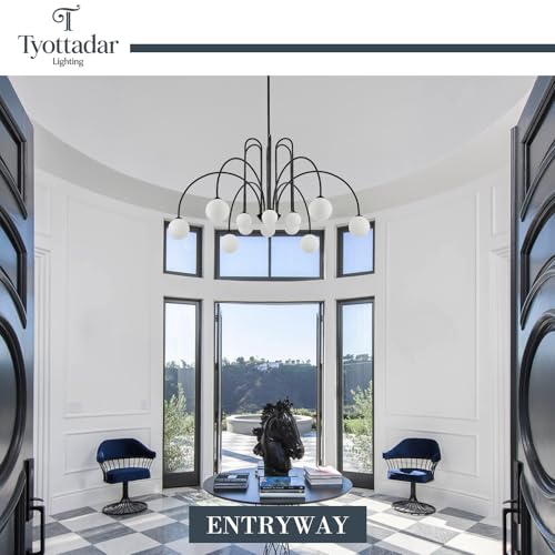 12 Light Large Black Sputnik Chandelier L52’’ Large Mid Century Pendant Light Fixture with Milk Glass Globe Shades Luxury Foyer Chandelier for High Ceiling Staircase Living Room Dining Room