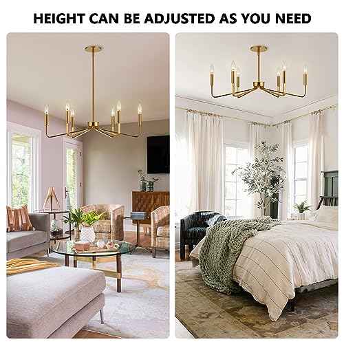 Brushed Gold Chandeliers for Dining Room, 6-Light Modern Farmhouse Chandelier, Brass Candle Style Hanging Light Fixture for Living Room Bedroom Kitchen Island