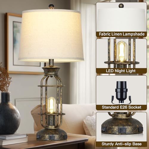 28" Tall Farmhouse Table Lamp with USB C+A Charging Ports & AC Outlet