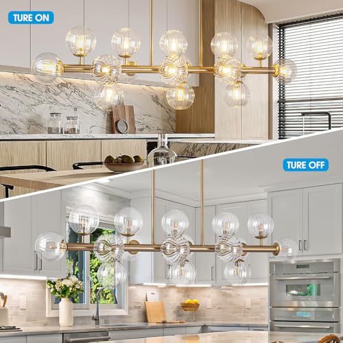 Gold Linear Rectangle Chandelier Modern Chandelier Glass Pendant Light Fixture Adjustable for Dining Living Room Kitchen Island 16