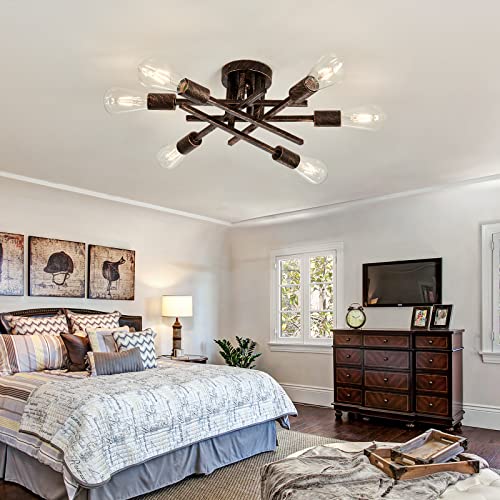 6 Lights Semi Flush Mount Ceiling Light Fixture Vintage Modern Bronze Matte Sputnik Chandelier Farmhouse Ceiling Lamp for Kitchen Bedroom Dining Room Living Room Entryway
