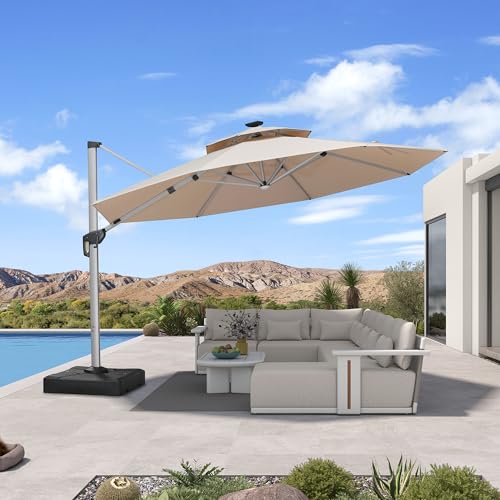 Patio Umbrella with Base 13ft Solar LED Light Double Top