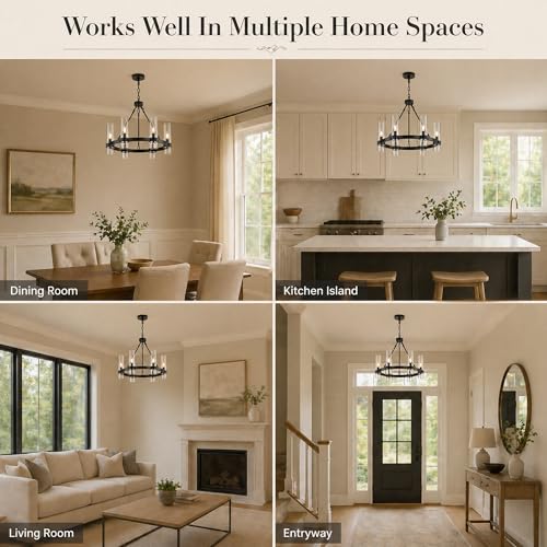 22 Inch Black Wagon Wheel Chandelier with Glass Shade