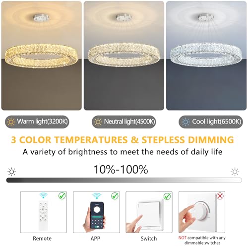 Modern Chandelier Glam Dimmable LED Crystal Chandeliers Luxury Remote Ceiling Pendants Lighting Fixtures for Dining Room Bedroom Living Room Silver