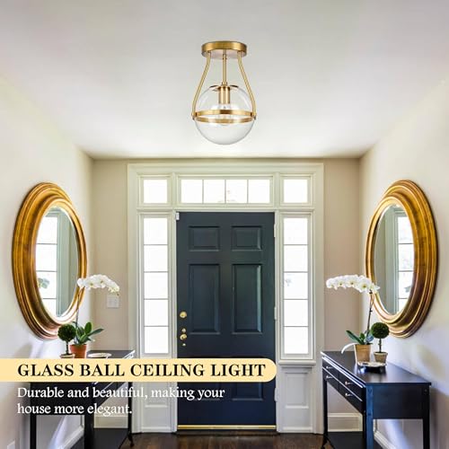 8 Inch Mid Century Ceiling Light Modern Gold Semi Flush Mount Ceiling Light with Clear Glass Shade Globe Semi Flush Mount Ceiling Light Fixture for Bedroom Hallway Bathroom Foyer