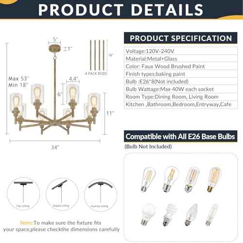 8 Light Rustic Farmhouse Chandelier 34"